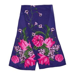 Vintage Scarf Vibrant Floral  Silk Purple Pink Summer Spring 1990s 50 x 11.5 "
